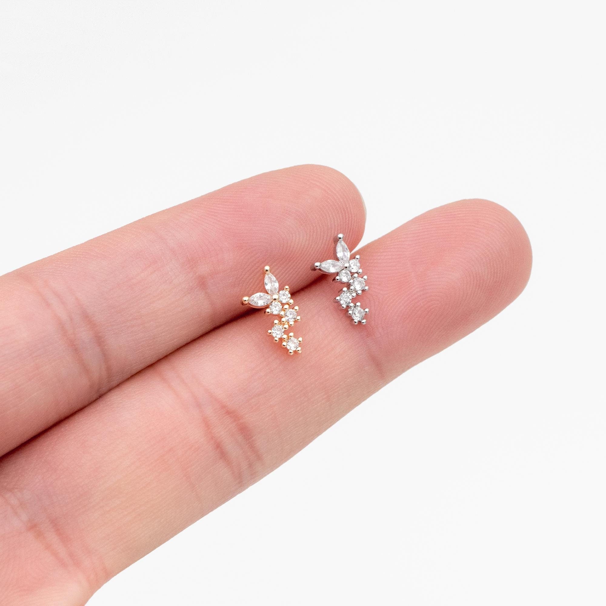 10pcs CZ Pave Gold/ Silver Butterfly Earrings, Gold/ Rhodium Plated Brass, Dianty Butterfly Stud Earrings (GB-4335-B)